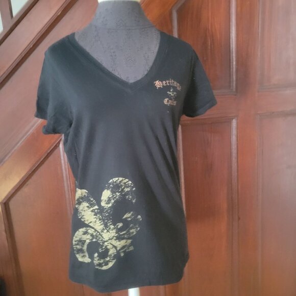 Heritage Cycles Black V-Neck Tee Shirt With Gold Fleur-De-Lis Graphic Womens - Picture 1 of 4
